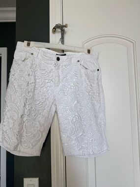 White Lace Embroidered Denim Shorts